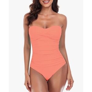 NEW Relleciga Orange Pink One Piece Swimsuit Strapless Removable Straps Large